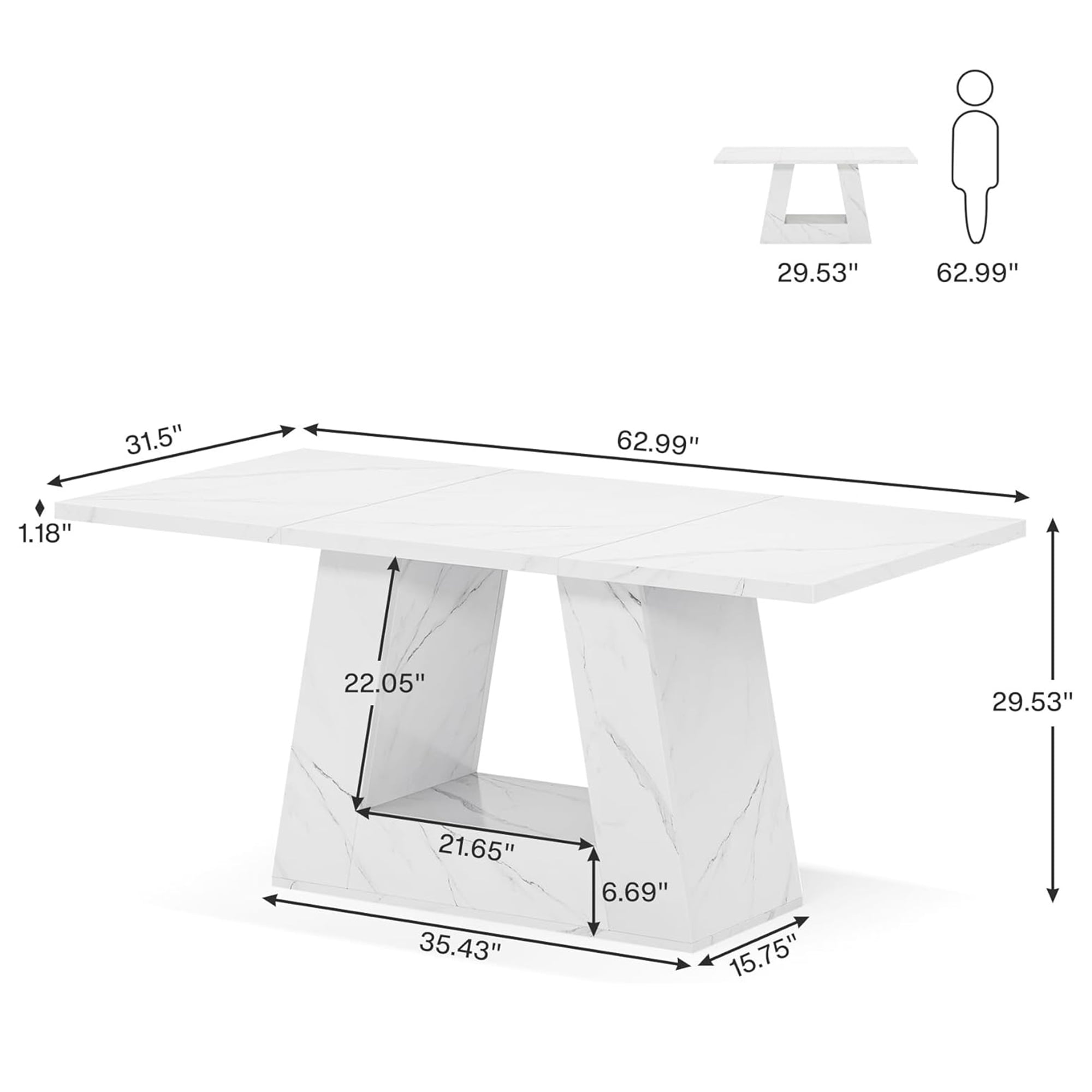 Modern Faux Marble Dining Table, 63" Rectangular 4-6 Seater Wood Table with Sturdy Base, Kitchen Living Room Dinner Table