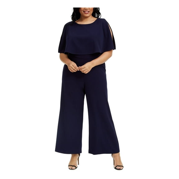 CONNECTED APPAREL Womens Navy Zippered Popover Split Sleeve Round Neck Wide Leg Jumpsuit Plus 18W