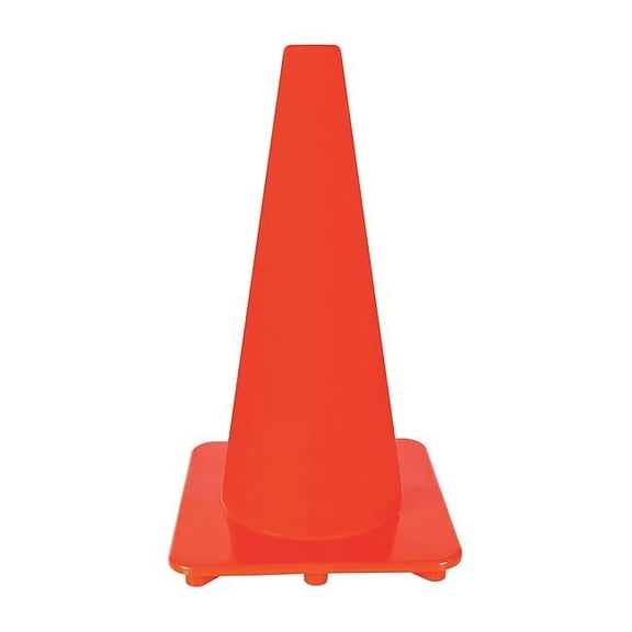 Traffic Cone, Slim Shape, PVC, 18 in H, Orange, Non-Reflective, Orange Base