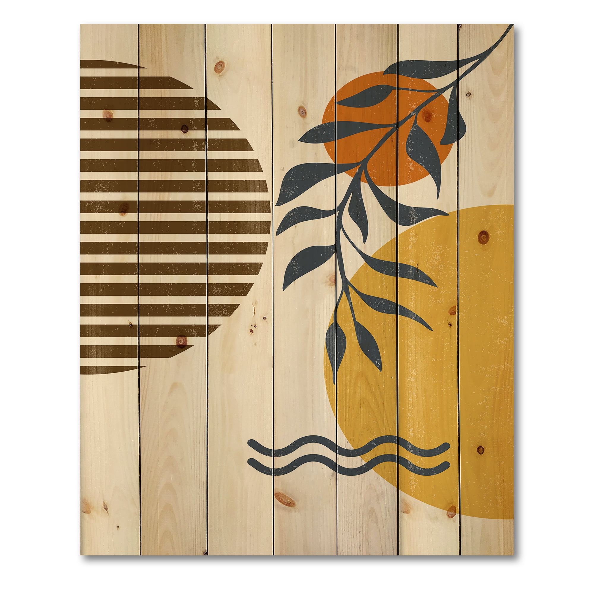 Designart 'Abstract Shapes With Botanical Minimalist Leaf I' Modern Print on Natural Pine Wood
