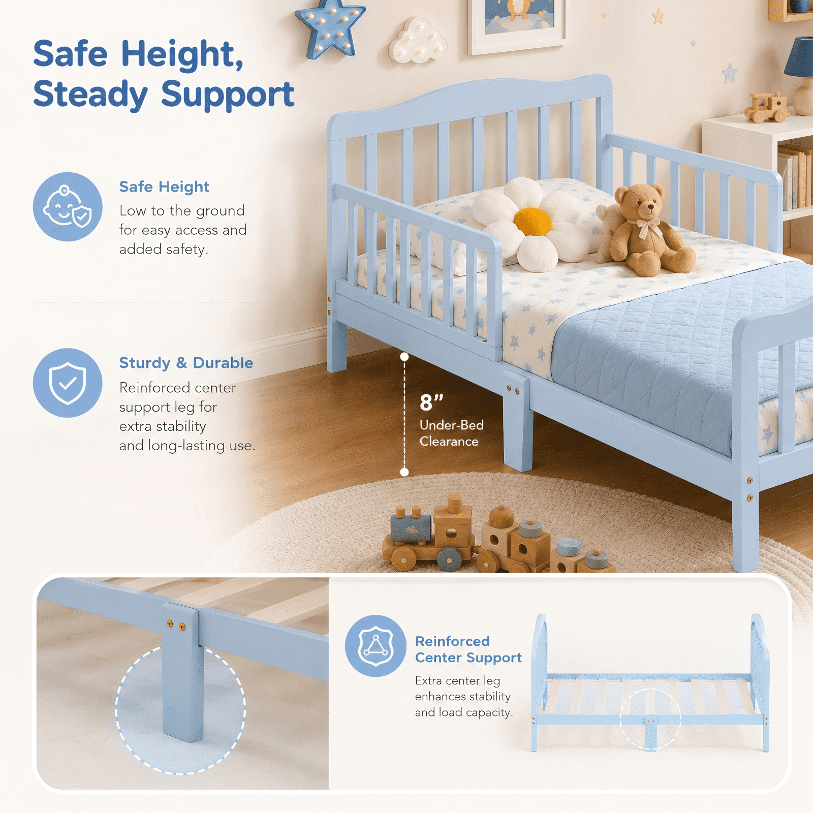 Zimtown Bed Frame, Wood Platform Bed, Classic Sleeping Bedroom Furniture w/Safety Rail Fence (Light Blue)