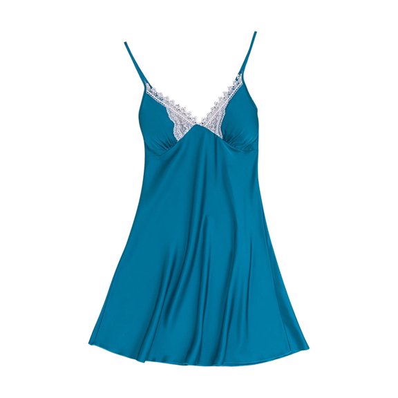 Womens Lightweight Nightdress New 2025 Summer Women Camisole Lace Pleated Mini Nightgowns Chemise V Neck Satin Comfy Nightdress Blue L