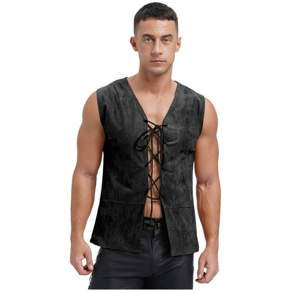 Sxiwei Mens Renaissance Steampunk Lace-up Vest Gothic Waistcoat Medieval Hunting Vest Pirate Vest Black L