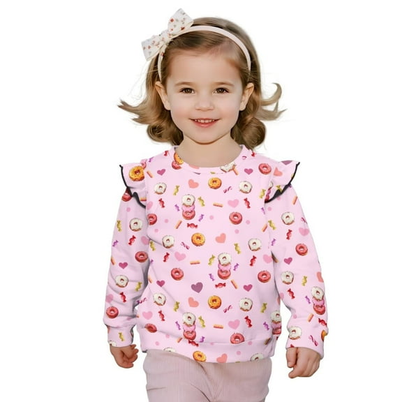 Yuyamidu Pink Donut Sweatshirt Toddler Girl 1T 2T Ruffle Shoulder Long Sleeve Top Lightweight Crewneck Pullover Sweatshirts Casual Fall Tops Kids Everyday Athletic Clothes