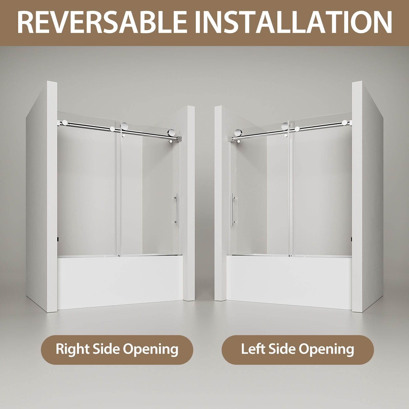 MAYEERTY Frameless Single Sliding Bathtub Door, Chrome, 5/16" Tempered Glass with Explosion-Proof Film, Waterproof & Reversible Installation