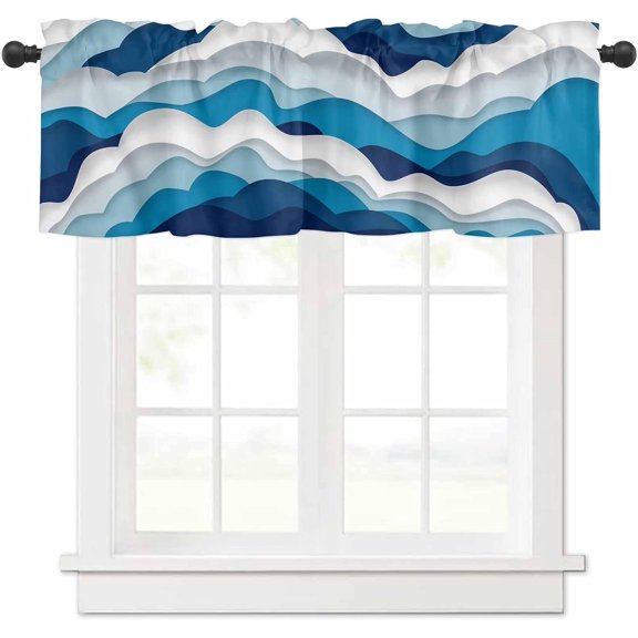 Blue Gradient Window Valances, Modern Geometric Ocean Waves Abstract Light Filtering Kitchen Window Treatments, Short Rod Pocket panel Curtains, Curtain Valance for Bedroom Windows 54"x18"