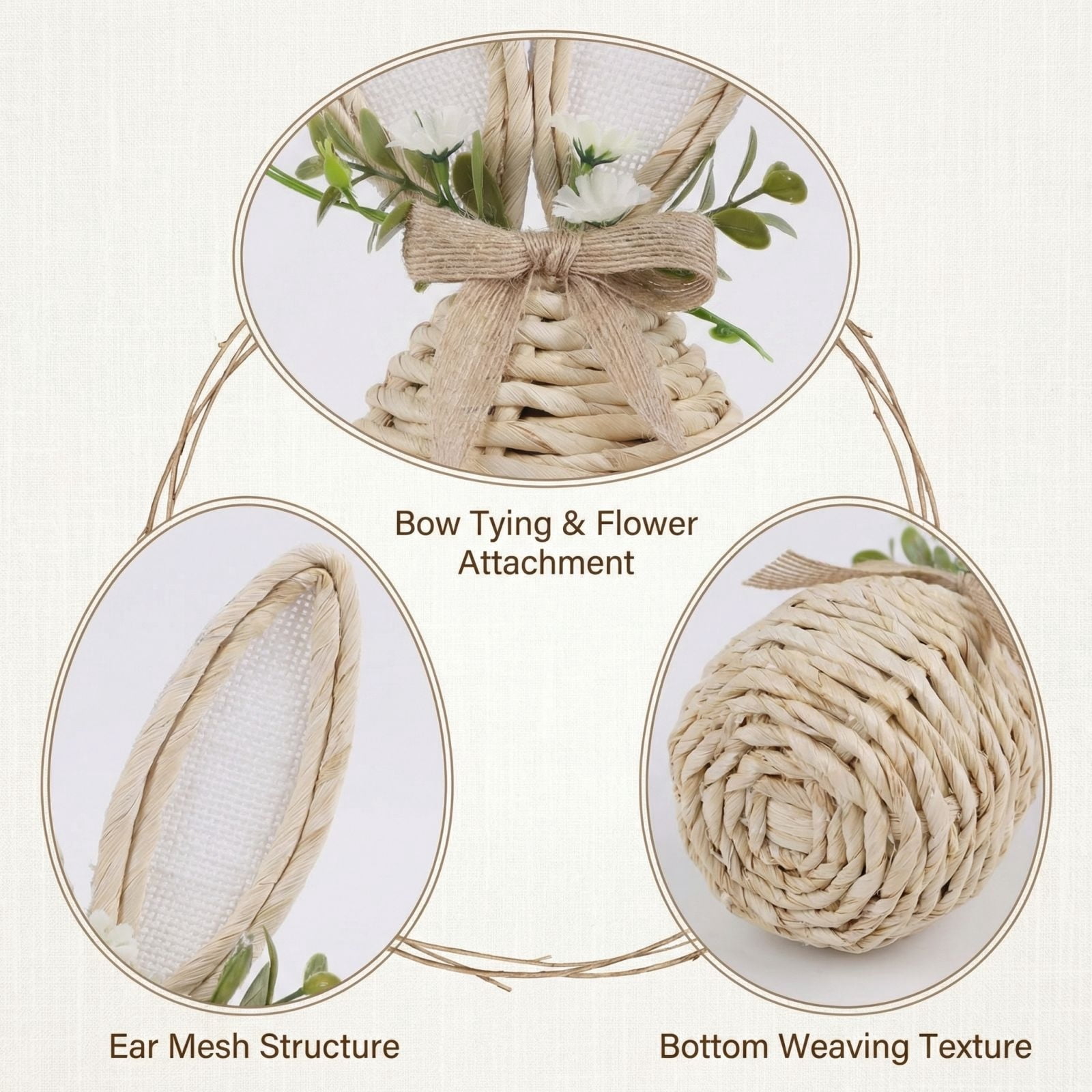 3-Piece Easter Bunny Basket Set - Natural Rattan Wicker Decor with Floral Accents & Spring Vibes