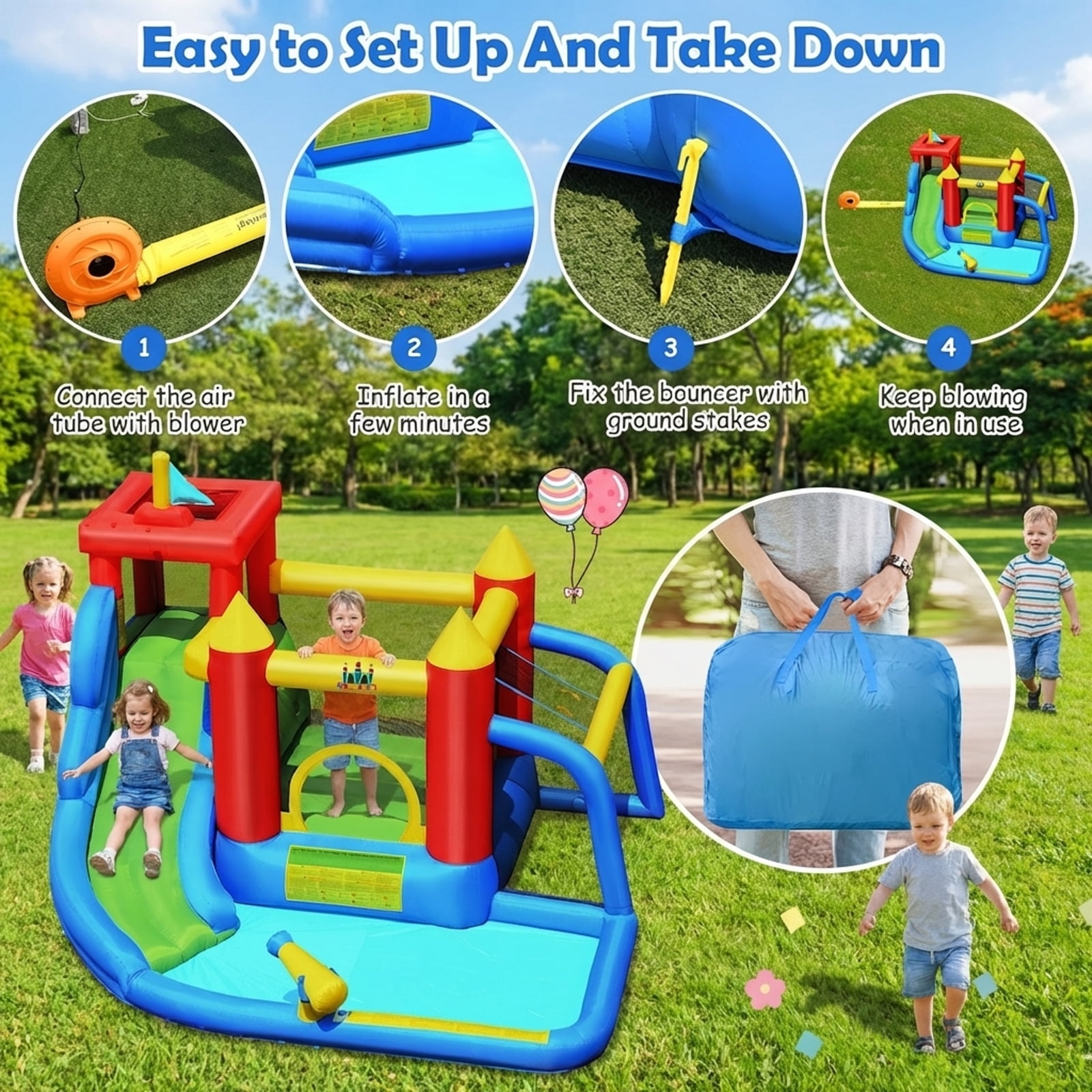 Redsmile Inflatable Bounce House Splash Pool with Water Climb Slide Blower included - Multicolor - Kids Birthday Party
