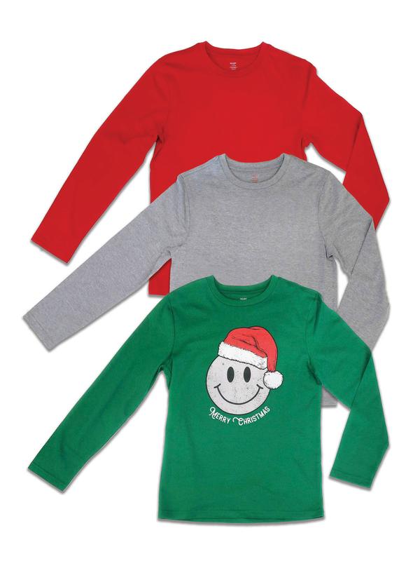 Holiday Time Boys Long Sleeve Christmas 3-Pack Tee, Sizes 4-18 and