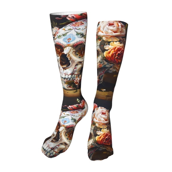 KLL Rose Floral Skull Print Cool Socks Men's Women's Crew Socks Funny Crazy Novelty Stockings