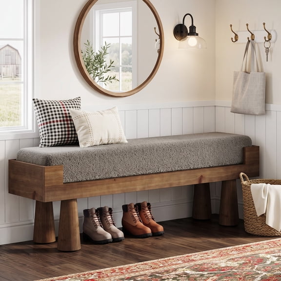 Fnova Upholstered Entryway Bench, White & Brown Berber Fleece Cushioned Shoe Bench with Solid Rubberwood Legs, Padded End of Bed Bench for Bedroom Living Room Mudroom Hallway, 47.24" W