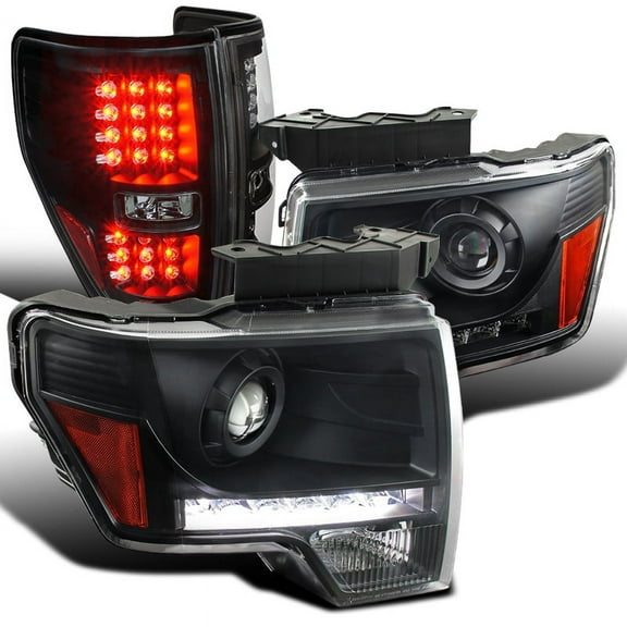 Spec-D Tuning Black LED Strip Bar Projector Headlights LED Fog Lamps Compatible with Ford F150 Left Right Pair Headlamps Assembly