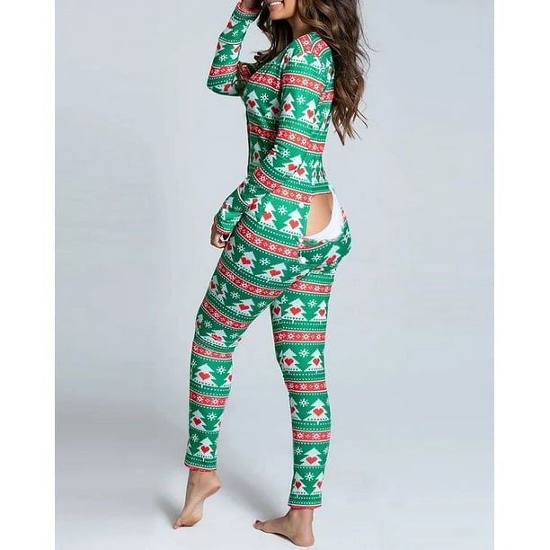 2023 Women Christmas Onesies Open Butt Flap For Adults Sexy Sleepwear Romper Pajamas Jumpsuit Xmas Sexy Cute Pyjama Long Nightie