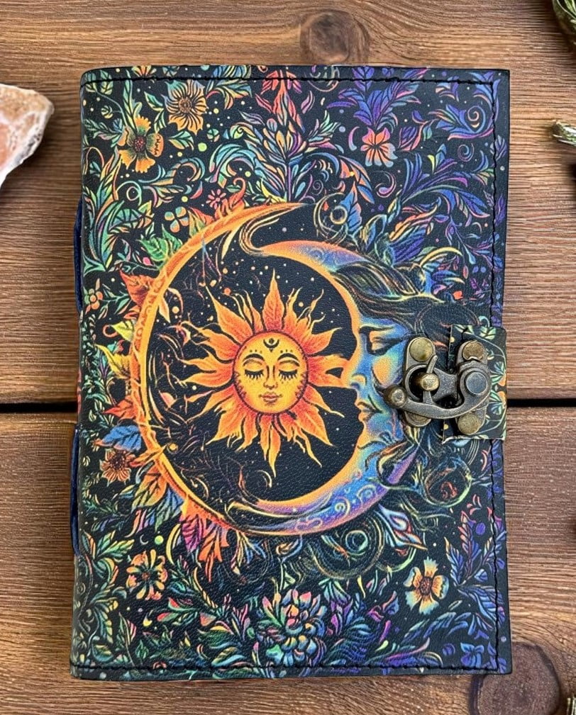 Sun & Moon Vintage Leather Journal for Men & Women 200 Pages of Antique Handmade Deckle Edge Vintage Paper, Leather Sketchbook, Drawing Journal, Printed Sun and Moon Journal , Great Gift (7 x 5 Inch)