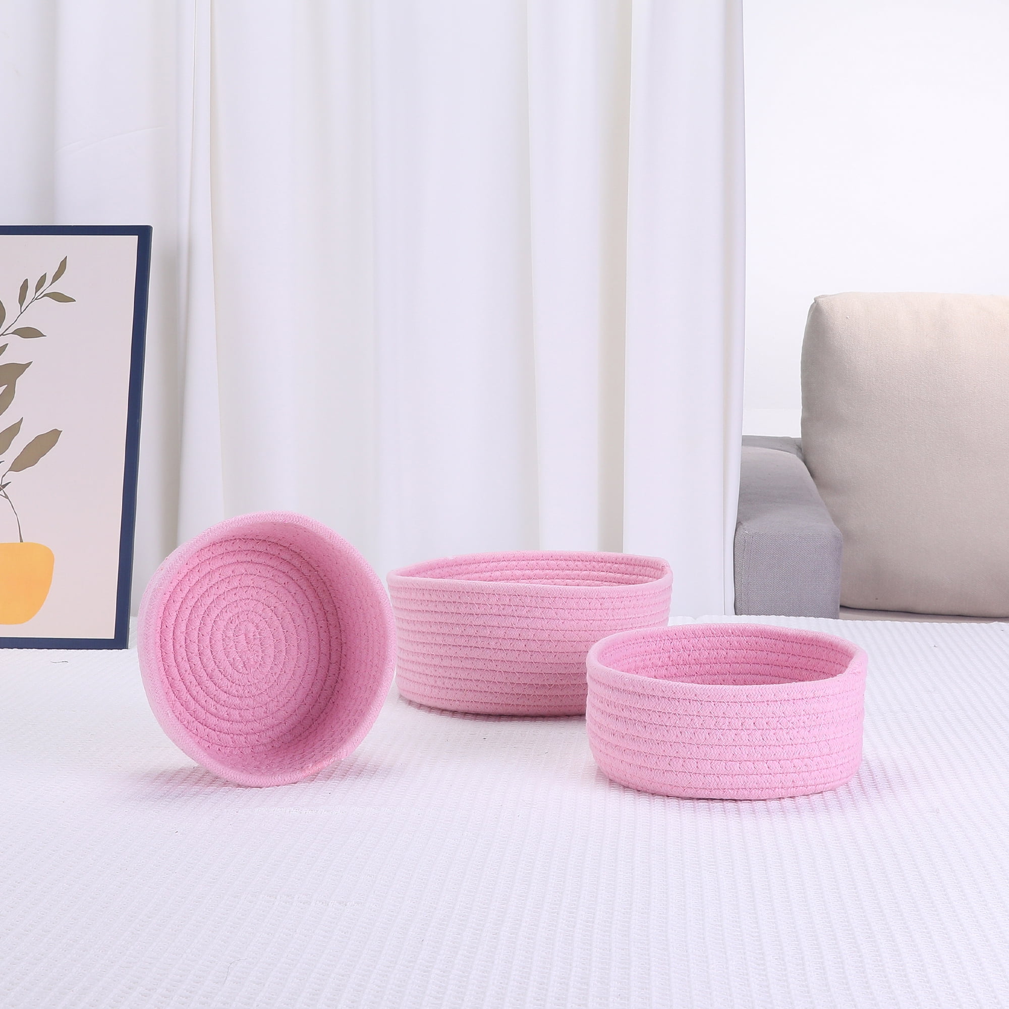 Unique Bargains Round Woven Storage Basket Small Storage Bin for Home Decor Pink L