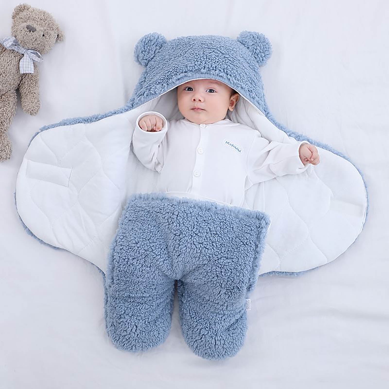 Teddy Bear Fleece Hooded Sleep Wrap Swaddling Blanket 24"x12" Gift for New Baby 