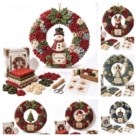 Clearance! Snowman Wreath DIY Kit for Adults, 3D Fabric Poke Art Christmas Wreath with Merry Bright Plaque, Christmas Decorations Indoor, Home Gift