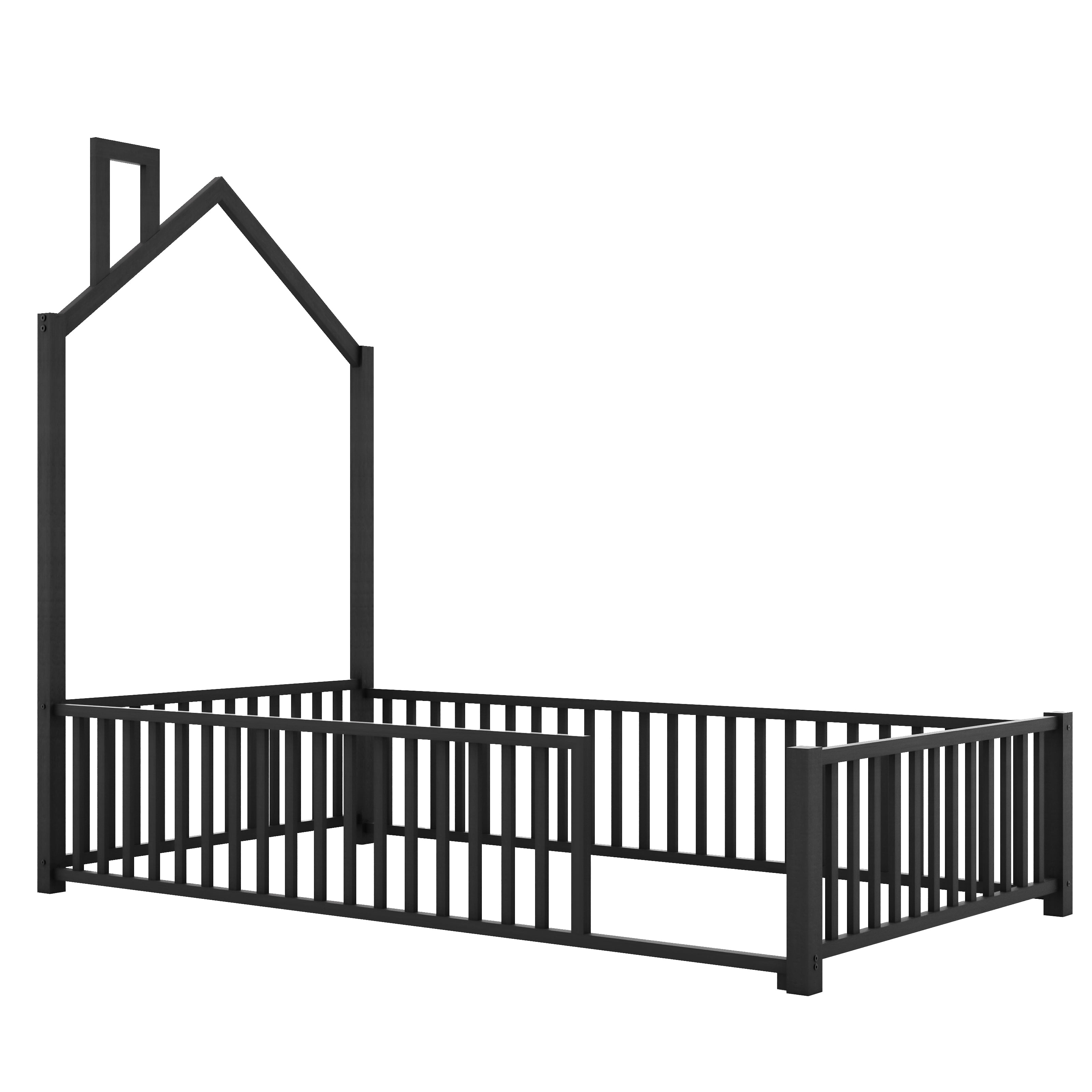 MODERNLUXE Twin Size Platform Bed Frame, House Floor Bed with Guardrail and Chimney, Black