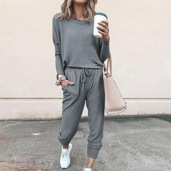 Women 2 Piece Lounge Outfit Long Sleeve Tops High Waisted Jogger Pants Set Spring Travel Clothes Tracksuit