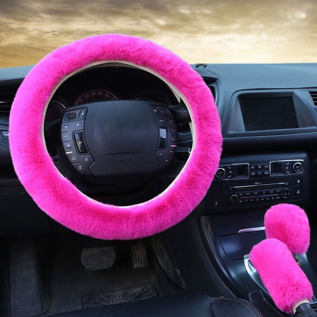3Pcs/set Fluffy Thick Auto Car Steering Wheel Plush Cover Soft Wool Winter