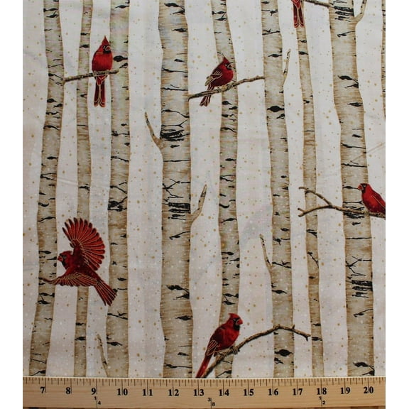 Cotton Woodsy Winter Cardinals Red Birds on Birch Trees Metallic Cotton Fabric Print by the Yard (L7325-20G-NATURAL-GOLD)