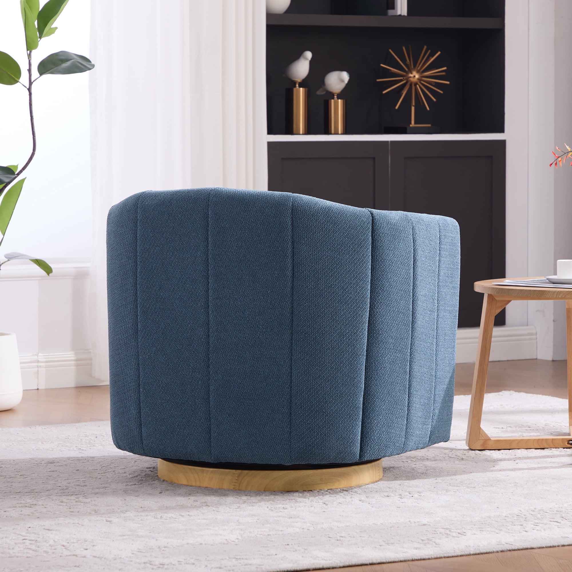 Leumius Swivel Barrel Chair with Solid Wood Base, Comfy Channel Tufted Accent Round Armchair, Single Club Sofa for Living Room Bedroom Reading Nook Corner Apartment, Blue