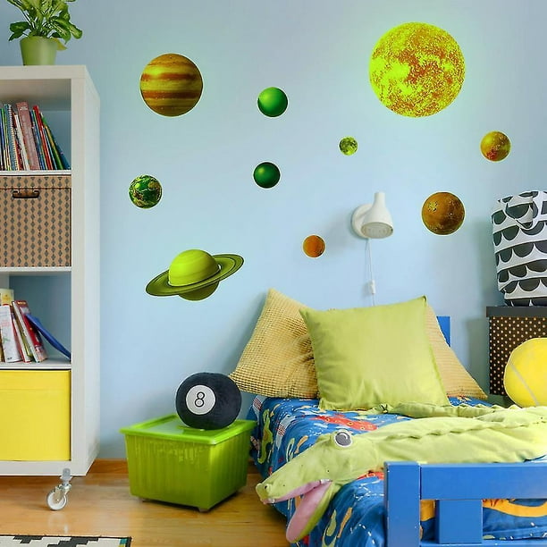 2 pcs Lumineux 3d 8 Planètes Sticker Mural Pour Enfants Chambre Murale  Décor À La Maison Lueur Dans Le Noir Papier Peint 