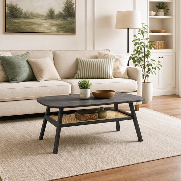 2-Tier Rattan Coffee Table with Rounded Corners & Storage Shelf, Center Table Cocktail Tea Table for Living Room,Dark Gary