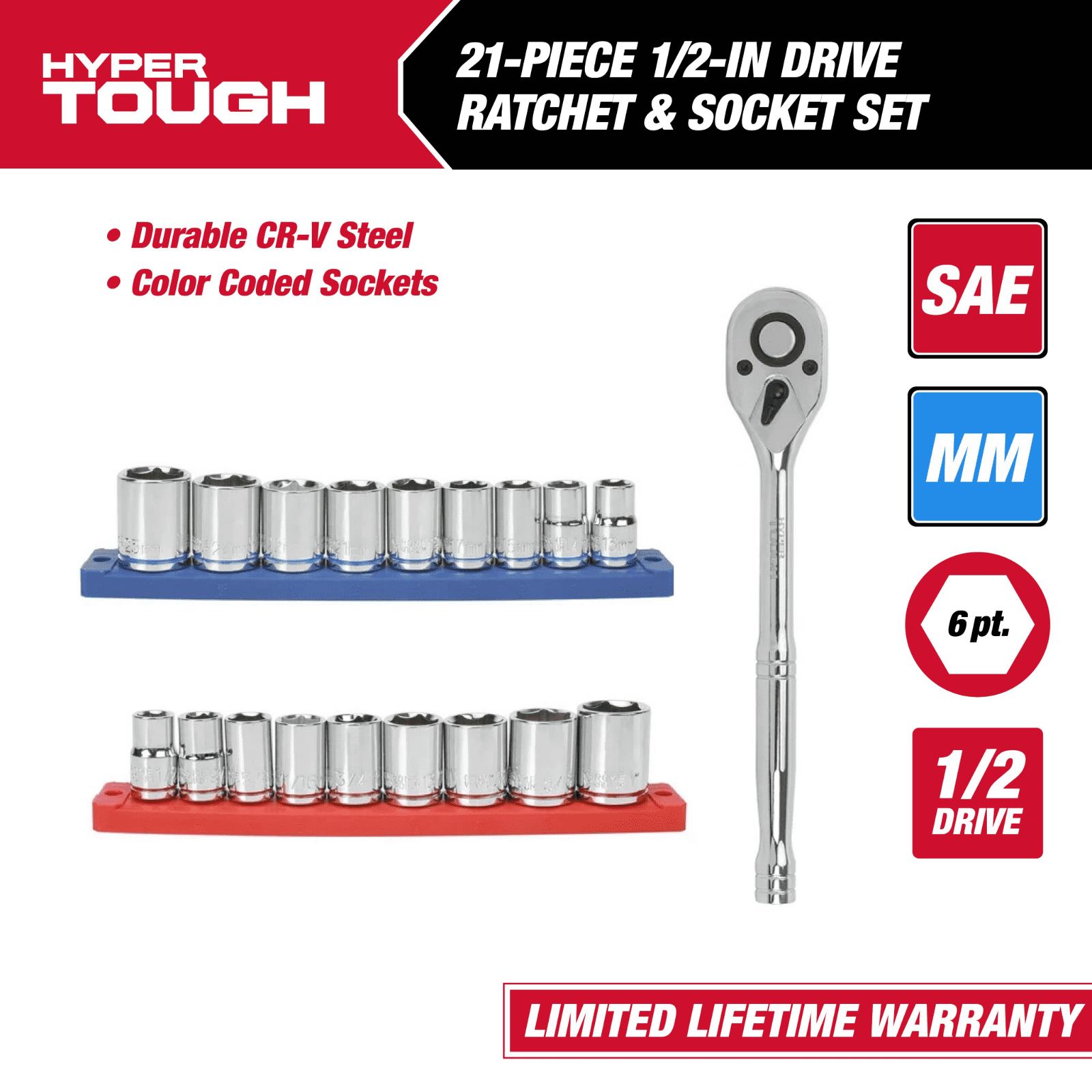 Hyper Tough 21-Piece 1/2-inch Drive Ratchet and Socket Set (SAE and mm)
