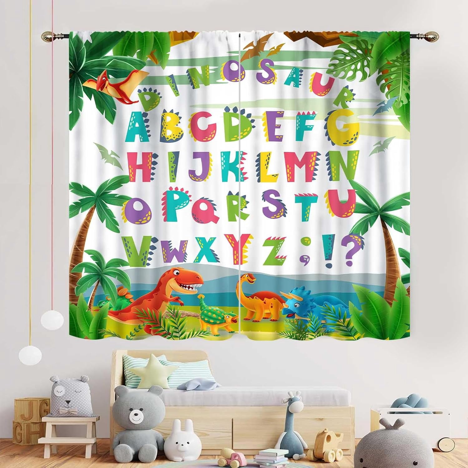 ABC Alphabet Classroom Curtains, Kids Cartoon Dinosaur Educational Learning Cute Colorful Dino Window Drapery for Baby Girls Boys Bedroom Living Room Shelves Classroom Nursery 2 Panels, 42"x63" Inch