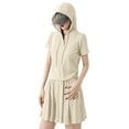 thumbnail image 3 of Jinhomg 2 Piece Outfits for Women Casual Short Sleeve Drawstring Hoodies with Flowy Pleated Shorts 2025 Trendy Teen Girl Going Out Wear Beige M, 3 of 6