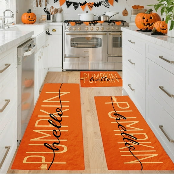 3PCS Door Mat, Halloween Welcome Door Rug, Kitchen Flannel Mat, Home Decor for Front Door,Kitchen, Bathroom, Pumpkin Hello Pattern , Great Halloween Thanksgiving Day Gift for Family and Friends.