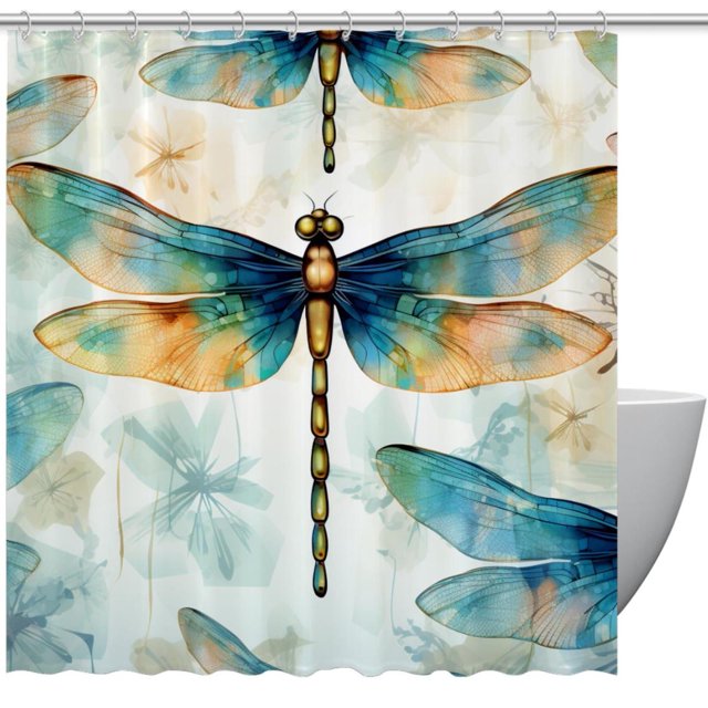 Cortina de ducha impermeable con estampado de libélula y ganchos para decoración de baño (juego de cortinas incluido)
