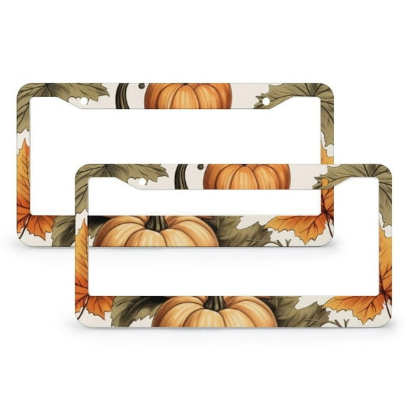 Rustic Pumpkin Fall Maple Leaves Harvest License Plate Frame 2 PCS Happy Fall Harvest Auto Car Accessories Tag Gift for Dad 2 Round Holes Aluminum License Plate Frames