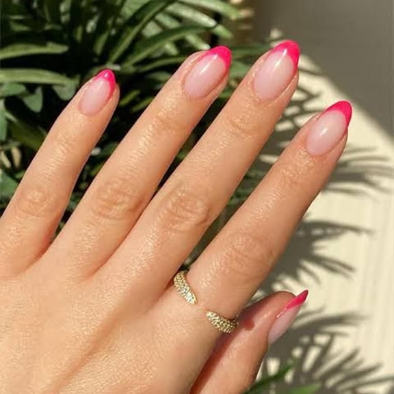 Modelones French Tip Press on Nails Short, Hot Pink Oval Fake Nails