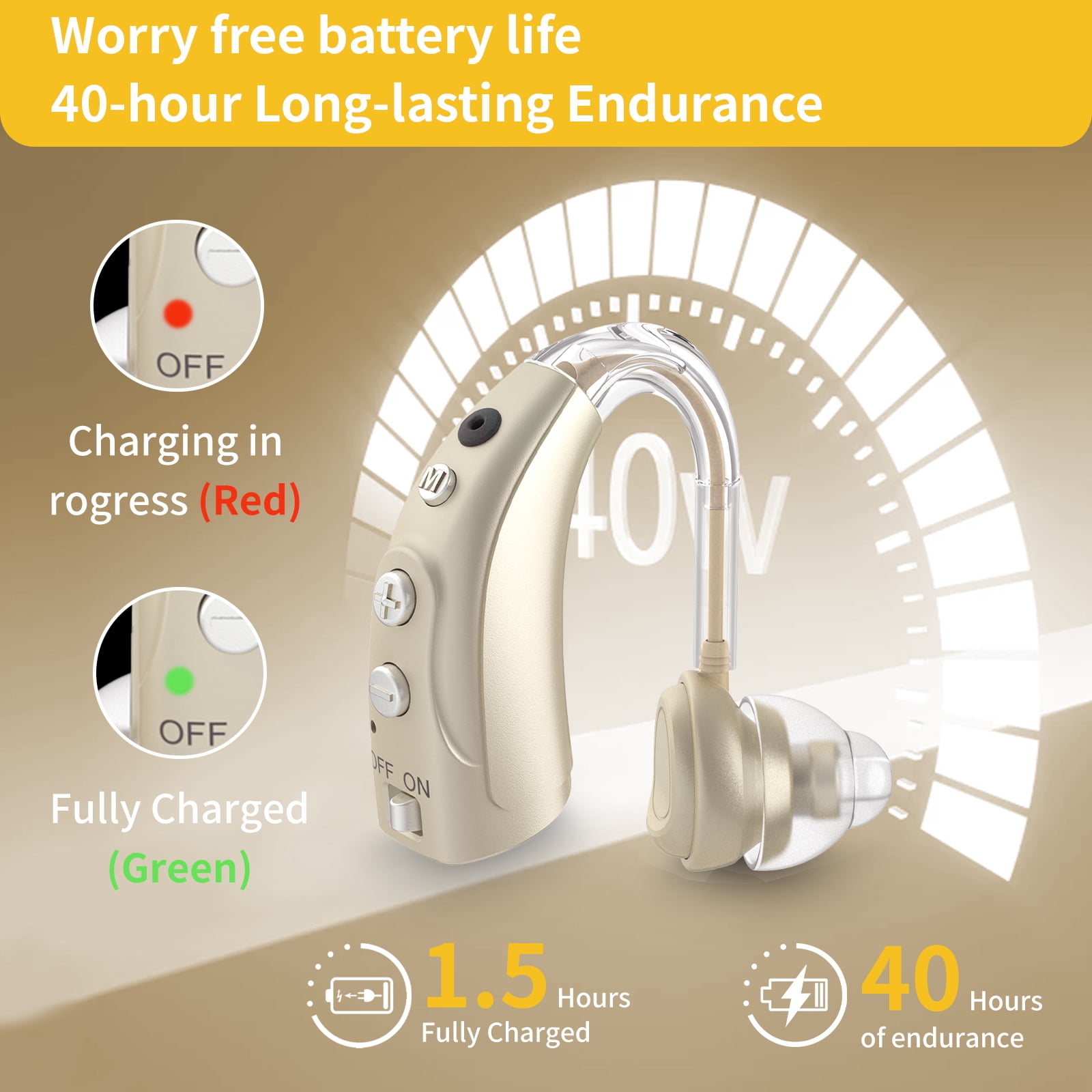 ELCTRTICI Hearing Aids for Seniors, 16-Channel Rechargeable Hearing Aid with Smart Noise Cancelling, 4 Modes & 8 Volume Levels, Single, Gold