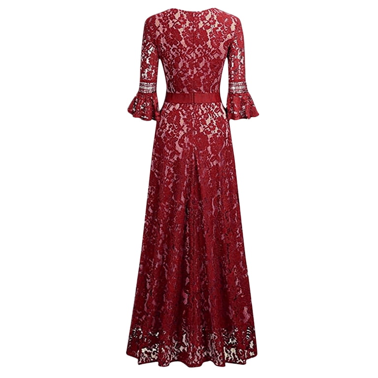 Formal Party Dress Evening Gown for Women Plus Size Vintage Gothic 3/4 Long  Sleev Lace Hollowed Out Dresses Slim Fitting Festive Anniversary Prom Gown  Female Maxi Elegant Dress Sale Wine Size XXL -