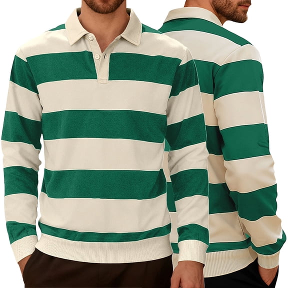 BRGZLK Mens Striped Polo Shirts 2026 Classic Long Sleeve Collared Lightweight Soft Comfy Casual Shirts Fashion Fall Winter Pullover Tops Army Green XL
