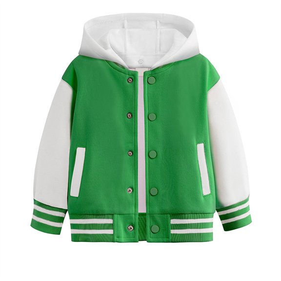 Coerni Girls & Boys Hooded Baseball Jacket Contrast Long Sleeve Button Down Varsity Jacket Casual Versatile All-Weather Preppy Outerwear