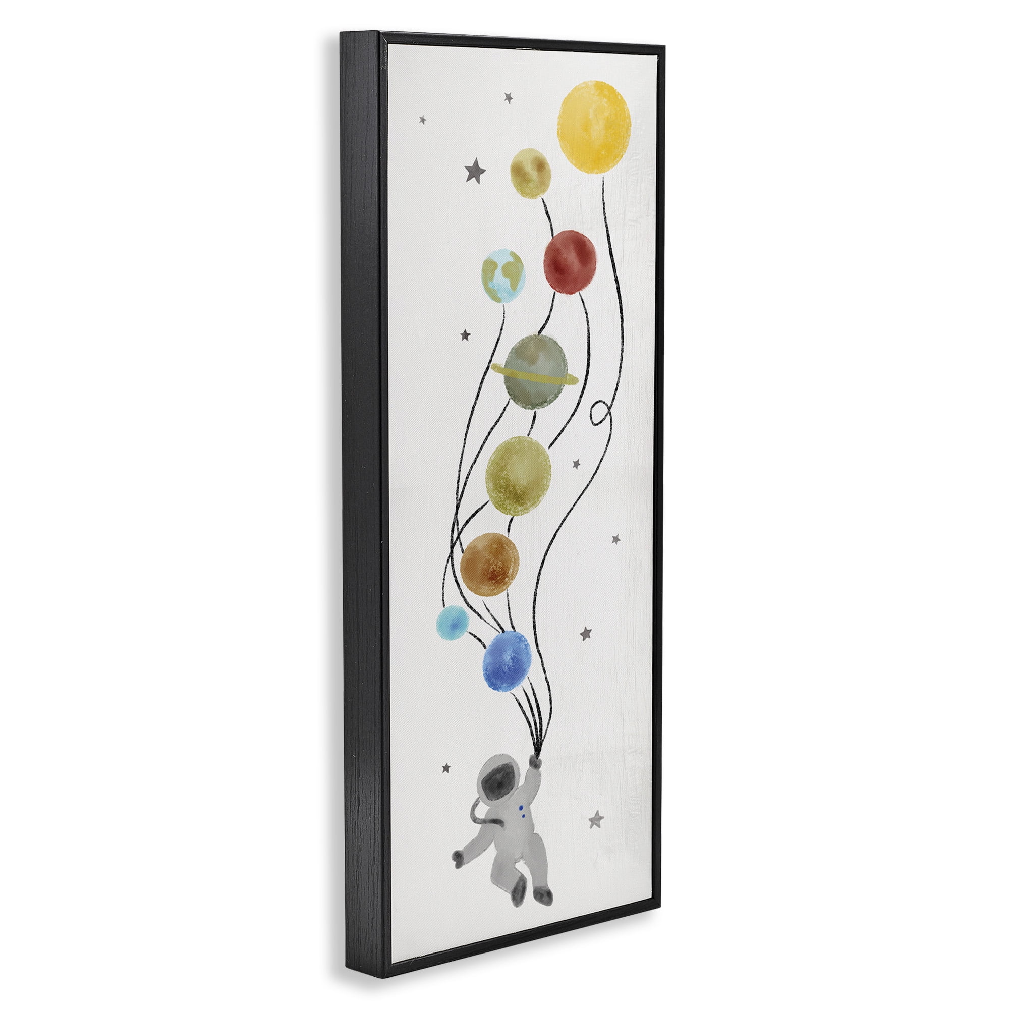 Stupell Industries Whimsical Astronaut Floating Balloon Abstract Painting Black Framed Art Print Wall Art, 10 x 24