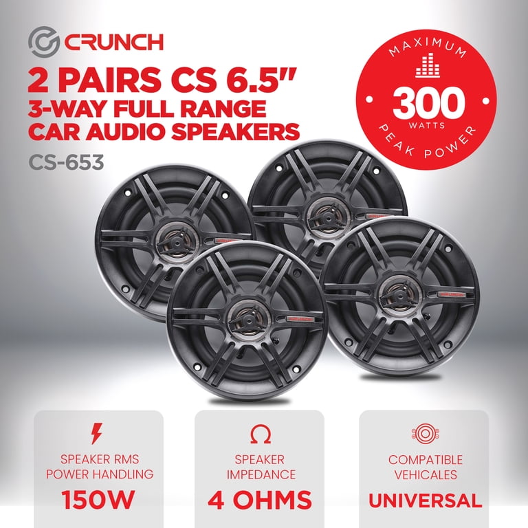 Crunch CS-653 300W 6.5-Inch 3-Way Car Speakers, 4 Ohms, Black, 2