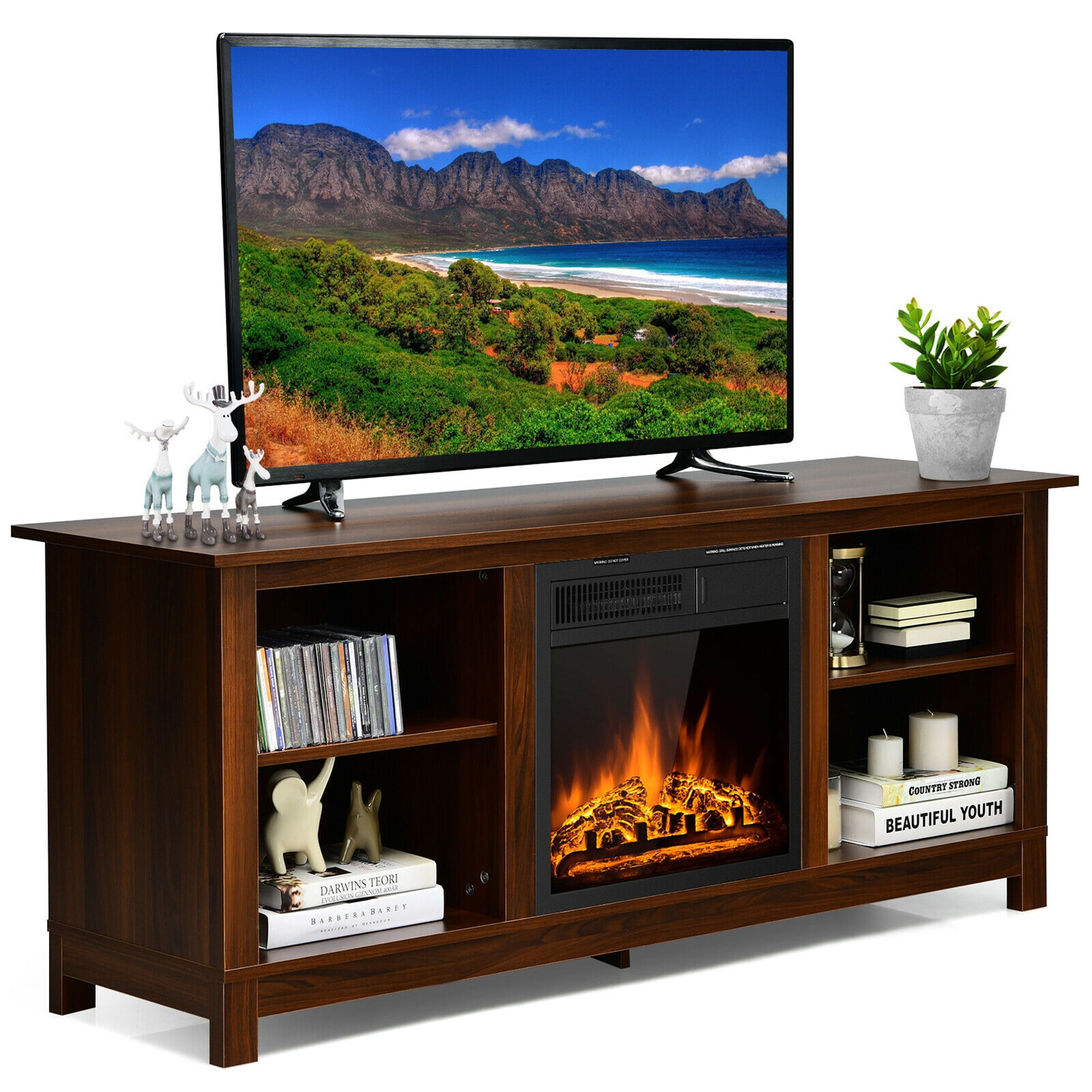 Gymax 58'' 2Tier Fireplace TV Stand W/18'' 1500W Electric Fireplace 65'' Walnut