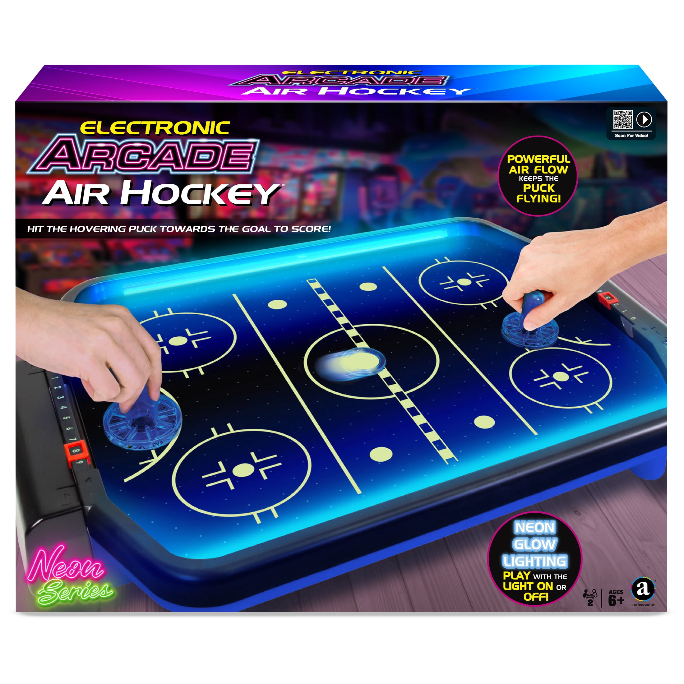 Ambassador Electronic Arcade Air Hockey Table with Neon Lights and Glow in The Dark Features, for Family and Kids Play, Ages 6 and Over