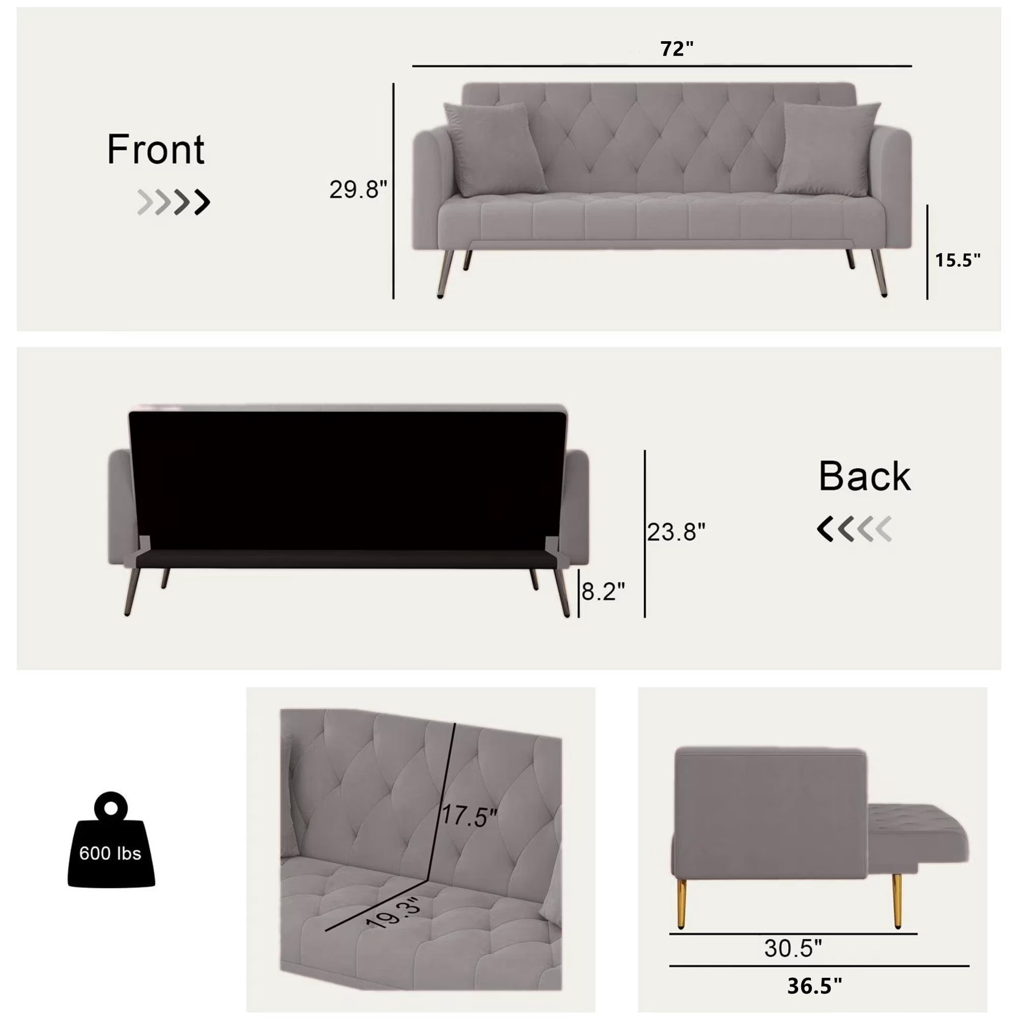 Aukfa 72" Tufted Futon Convertible Sofa Bed for Home Office, 2 Pillows, Velvet, Gray