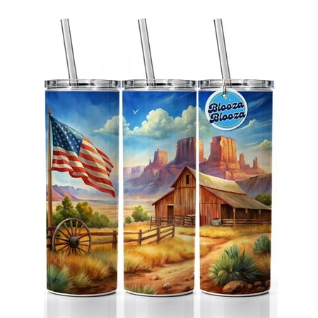 Western Americana Country Flag Ranch Wagon Wheel 20oz Insulated Water Bottle Skinny Tumbler Includes Straw