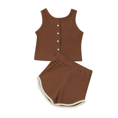 

YWDJ 6 Months-4 Years Boys Girls Outfit Set Toddler Kids Girls Boys Summer Fashion Vest Top Solid Color Shorts Brown 80