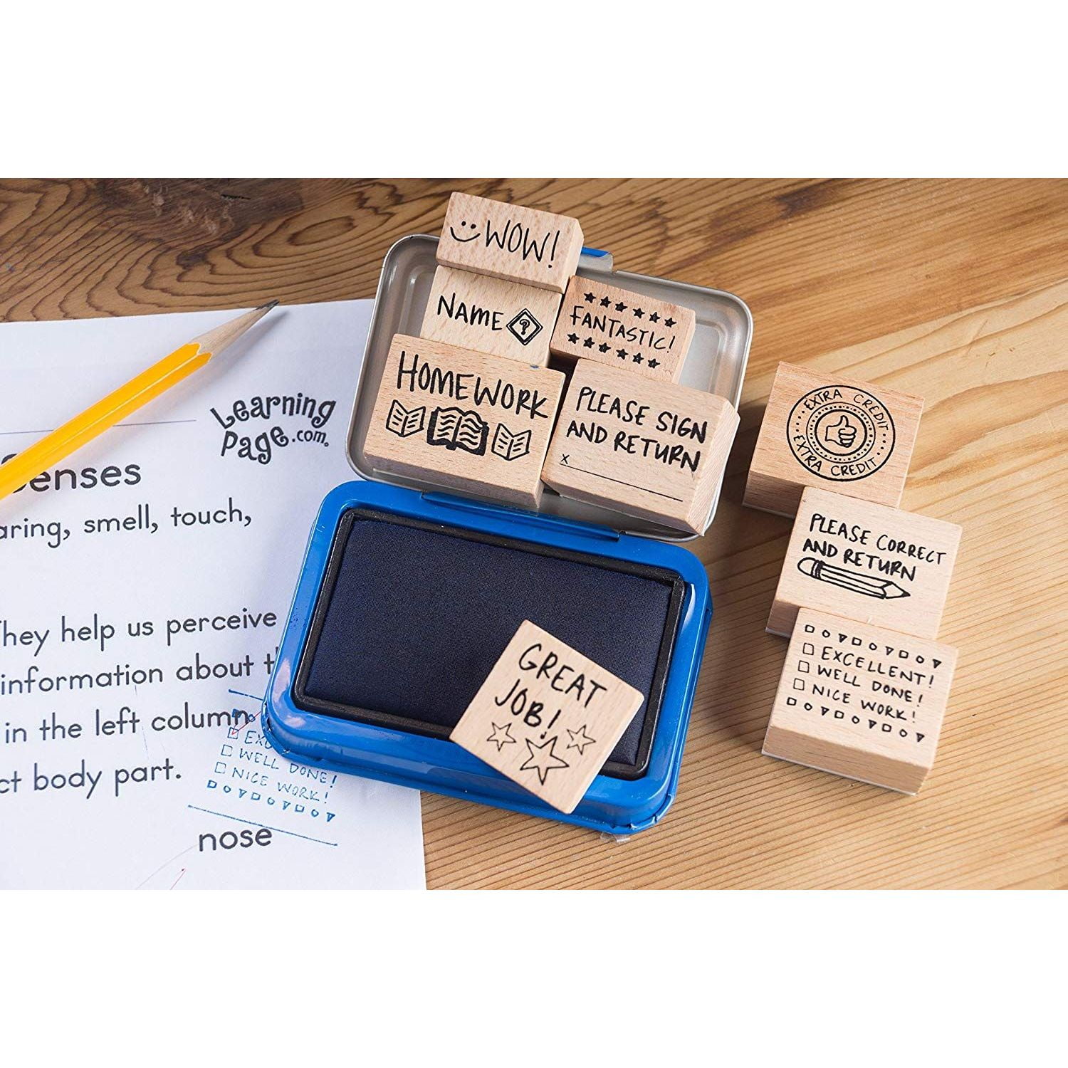 Stamp Set for Teachers School Supply Encouragement Classroom Supply 9-Piece Wood Mounted Rubber Stamps Paper Grading Stamps for Teachers Notes