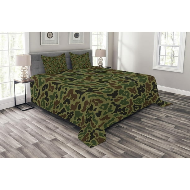 Camouflage Bedspread Set, Green Camo Pattern Abstract Formless Design