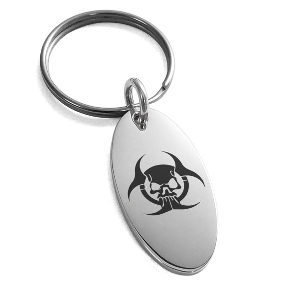 Stainless Steel Zombie Skull Biohazard Engraved Small Oval Charm Keychain Keyring