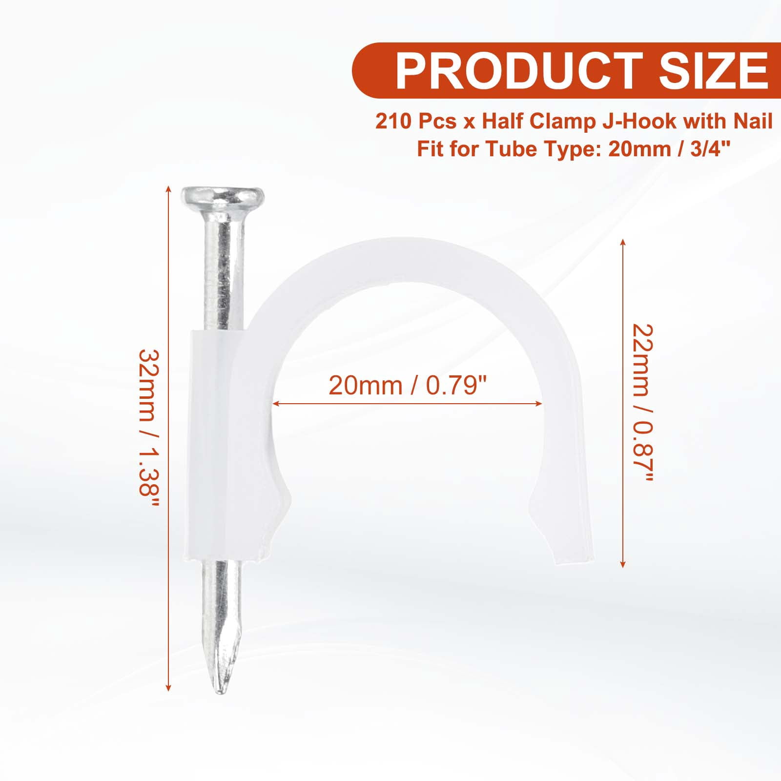 3/4 Inch Half Clamp J-Hook with Nail Pex Pipe Fixture, White, 35mm Nail, 210 Pack